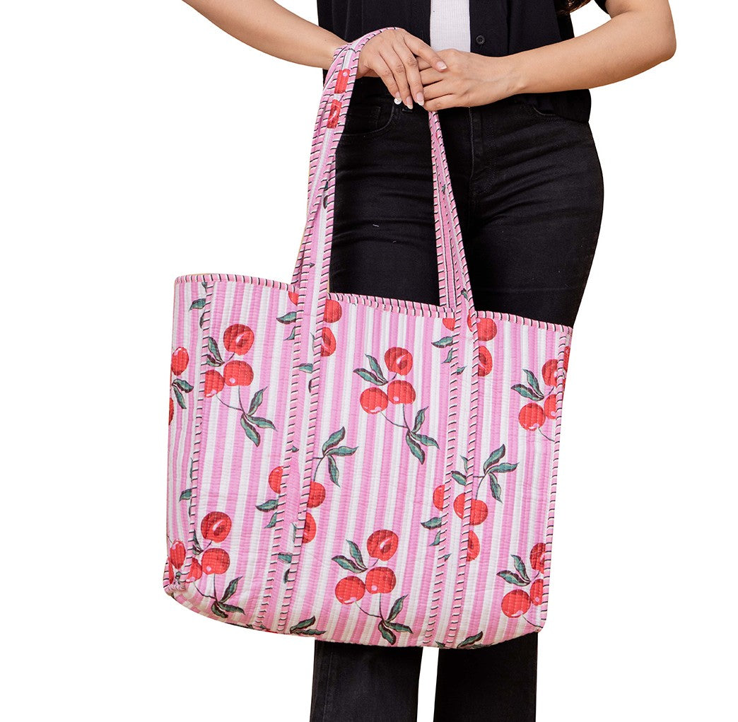 Indian Style Handmade Quilted Pink Shoulder Tote Bag